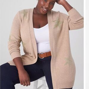 Lane Bryant Beige Star Embellished Women's Open front Cardigan size 18/20